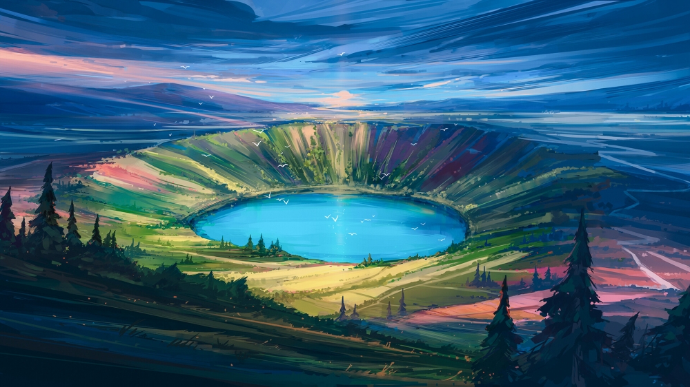 唯美火山湖插画动漫背景风景壁纸