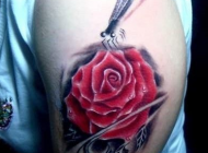 手臂玫瑰与蜻蜓纹身图案