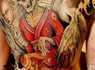 满背个性骷髅头艺妓仙鹤彩绘3d纹身图案