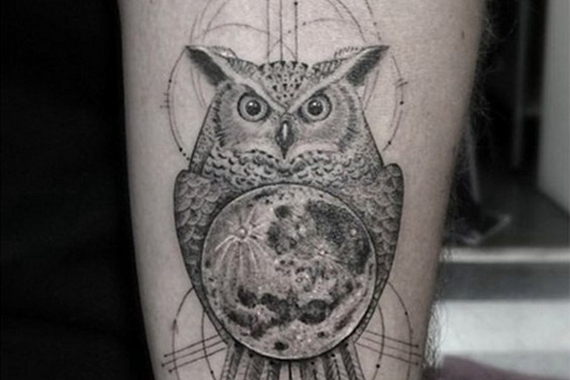 欧美猫头鹰线条艺术纹身手稿