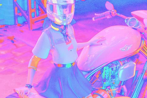一个骑摩托带头盔的女孩动漫图片