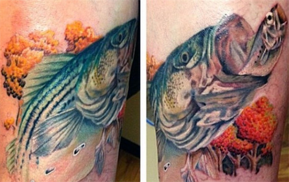 手臂上彩色森林与鱼纹身图片个性纹身